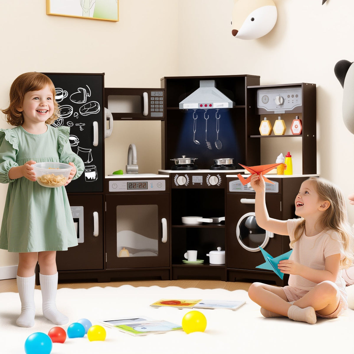 Corner Wooden Play Kitchen with Lights and Sounds Large Pretend Play Kitchen Set