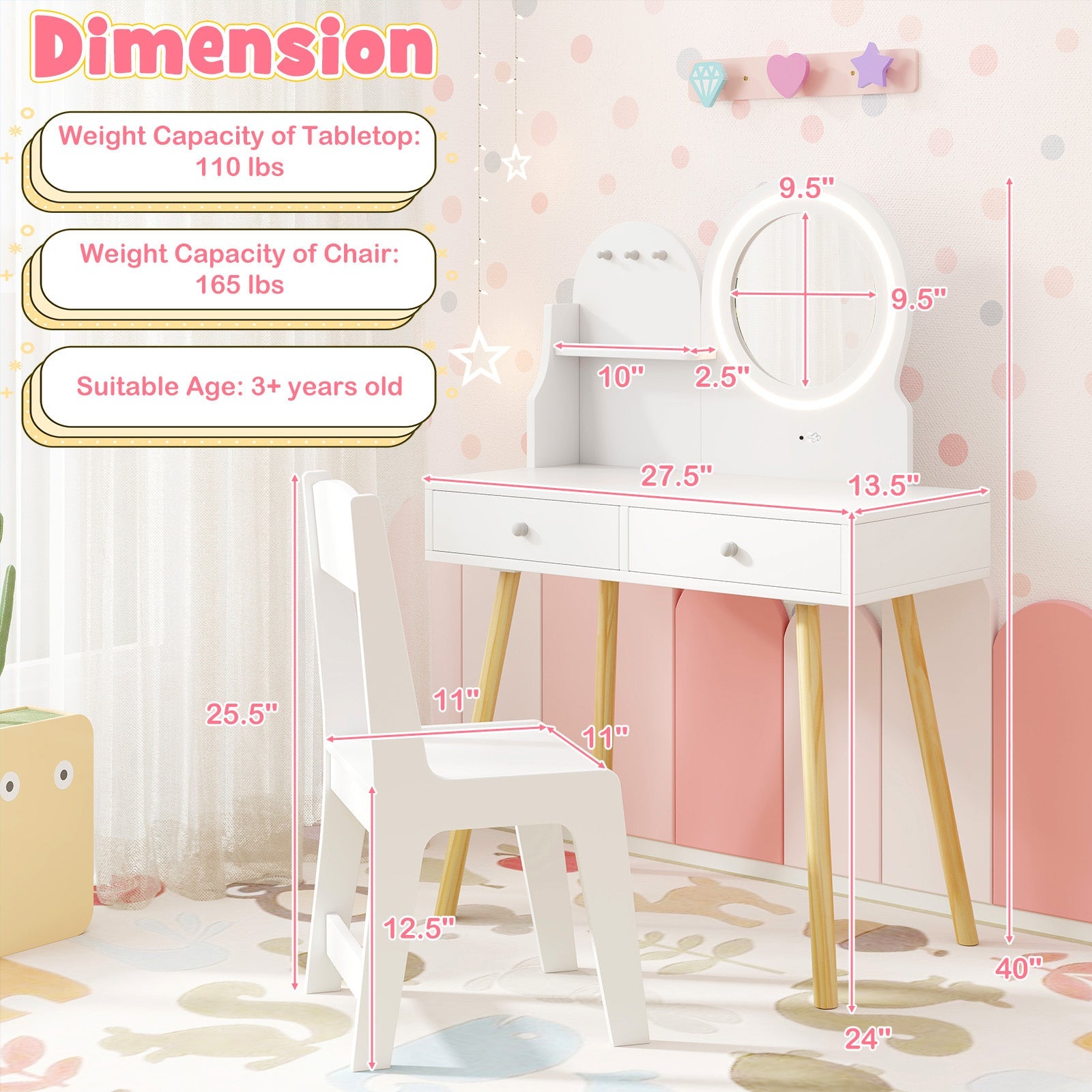 Kids Princess Makeup Dressing Desk and Chair Set with Mirror and Lights-White