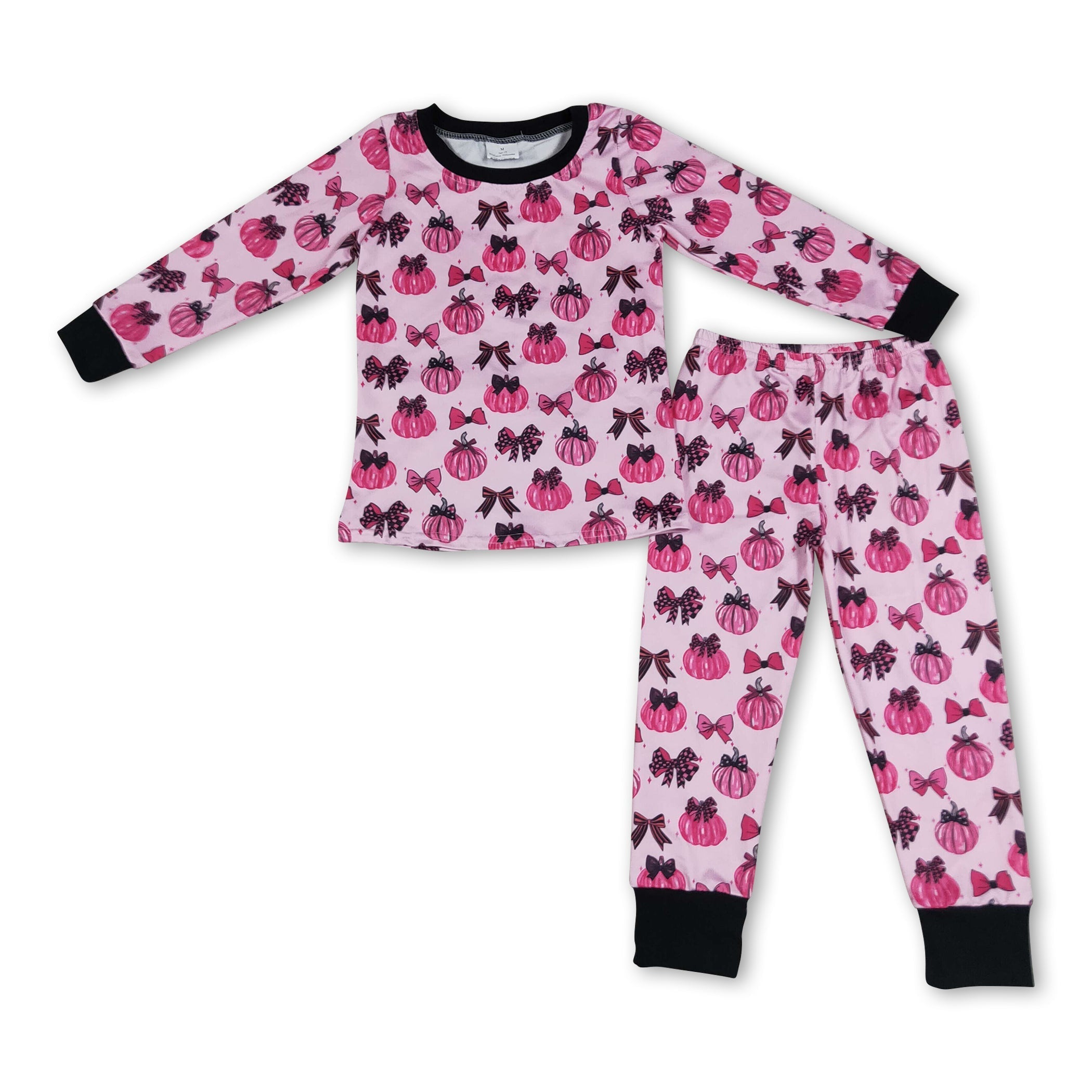 Long sleeves pink pumpkin bow kids girls fall pajamas