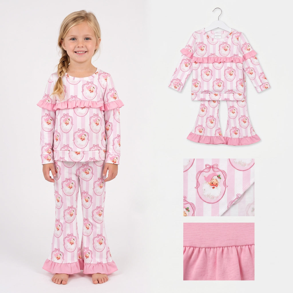 Pink ruffle stripe santa bow kids girls Christmas outfits