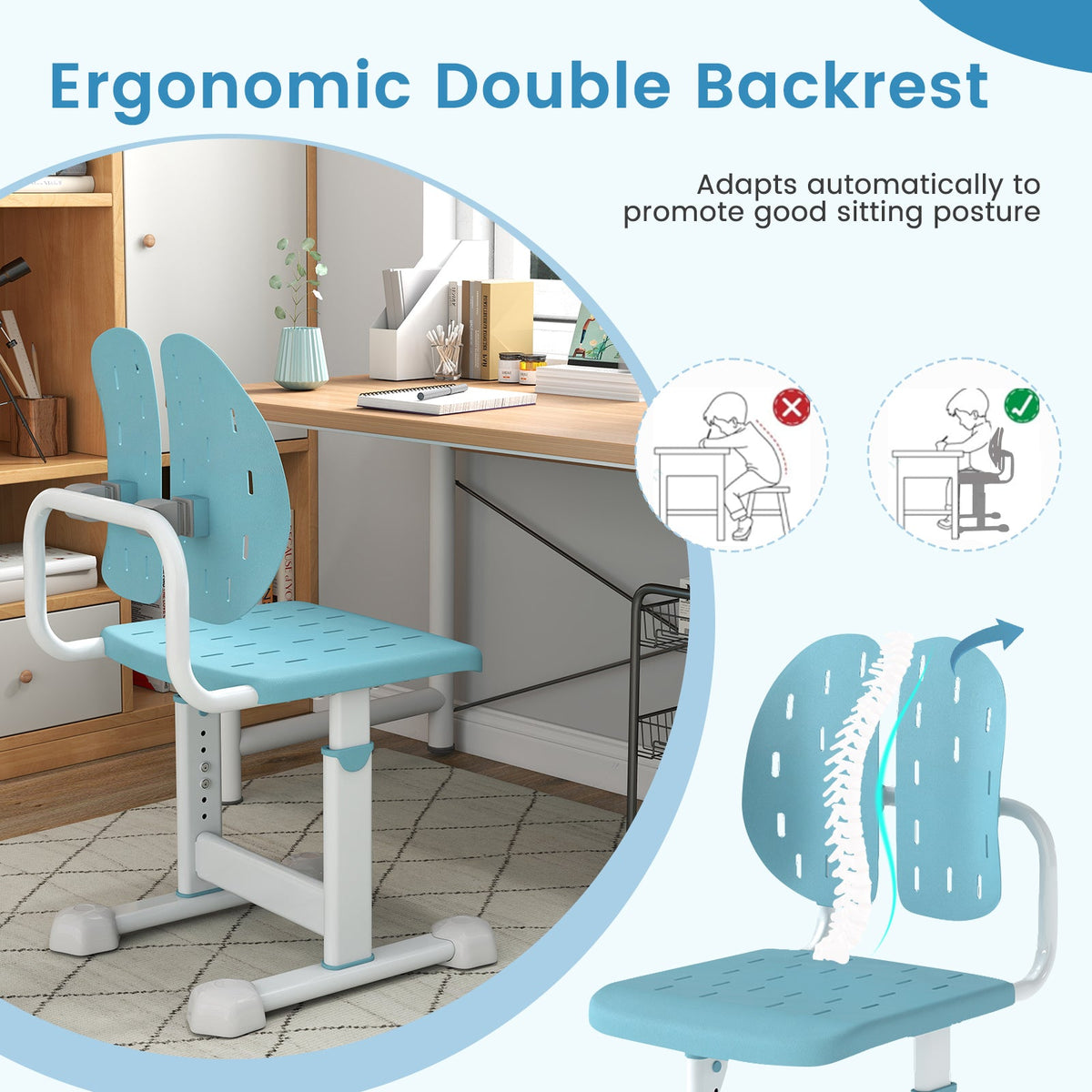 Height-adjustable Kid's Study Chair with Double Back Support and Breathable Seat for 3+ Years Old
