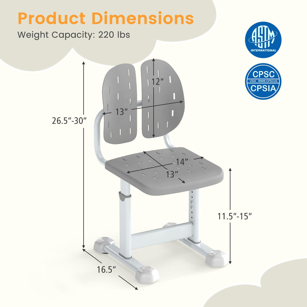 Height-adjustable Kid's Study Chair with Double Back Support and Breathable Seat for 3+ Years Old