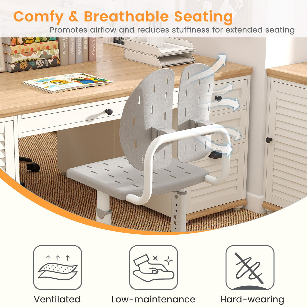 Height-adjustable Kid's Study Chair with Double Back Support and Breathable Seat for 3+ Years Old
