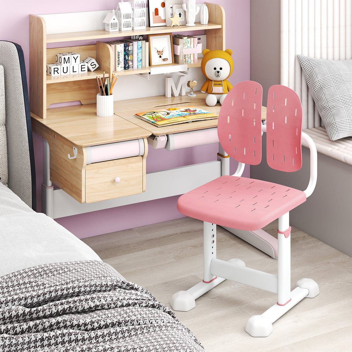 Height-adjustable Kid's Study Chair with Double Back Support and Breathable Seat for 3+ Years Old