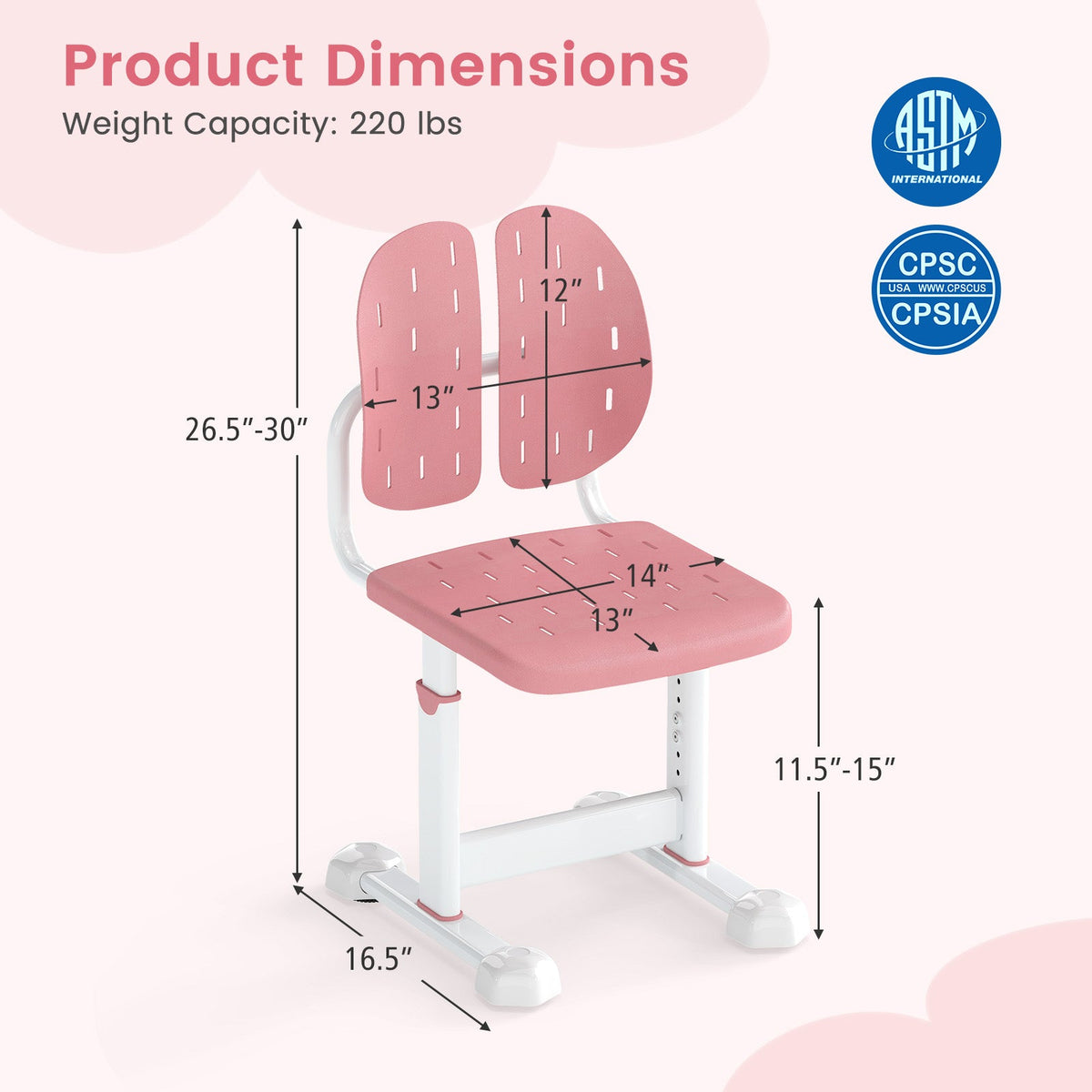 Height-adjustable Kid's Study Chair with Double Back Support and Breathable Seat for 3+ Years Old