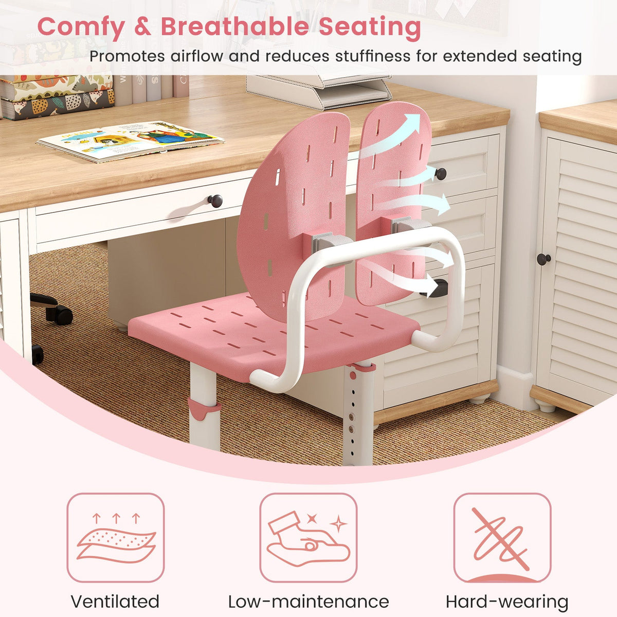 Height-adjustable Kid's Study Chair with Double Back Support and Breathable Seat for 3+ Years Old