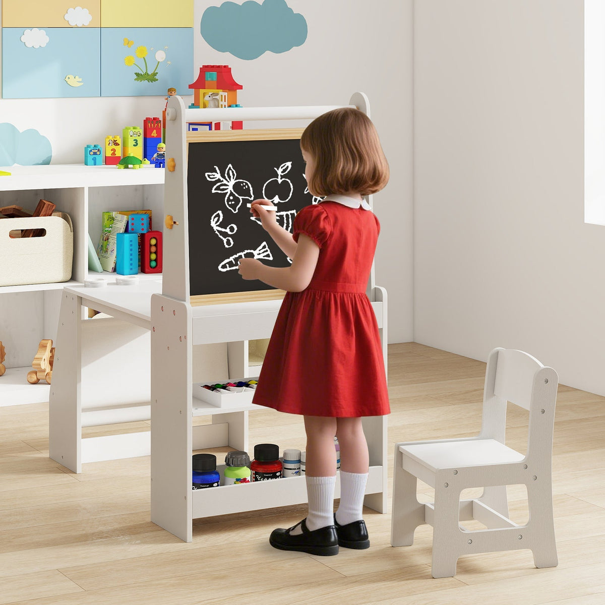 Kids Art Table and Chair Set with Easel and Chair for Drawing Reading