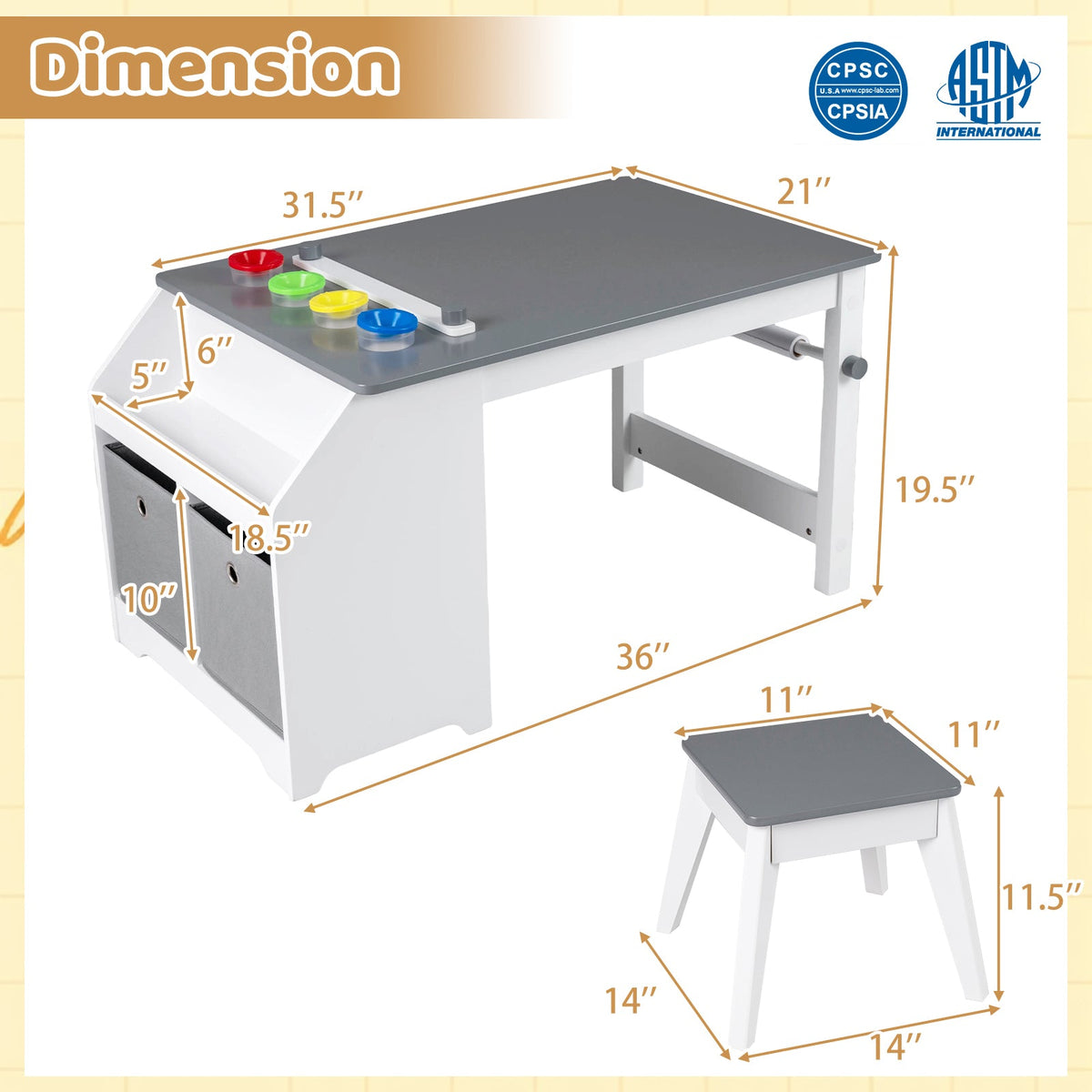 Kids Art Table and Stool Set Toddler Activity Desk with Paper Roll and 4 Paint Cups for Drawing Learning-Gray