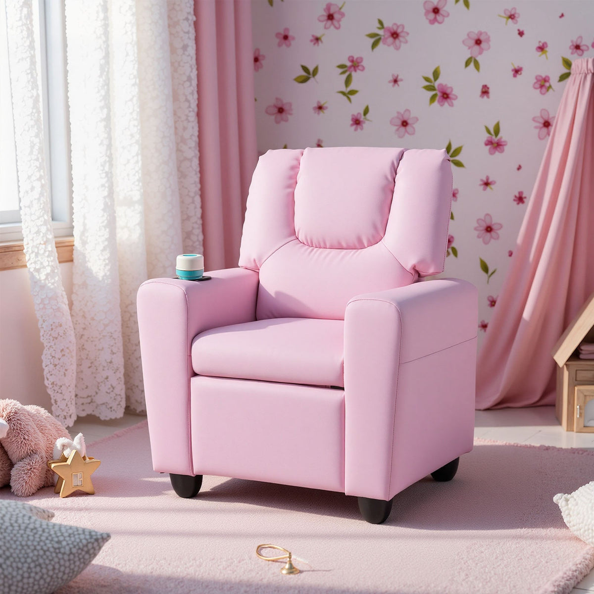 Kids Recliner Chair Push Back Toddler Reclining Armchair with Cup Holder