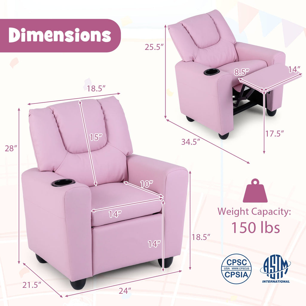Kids Recliner Chair Push Back Toddler Reclining Armchair with Cup Holder