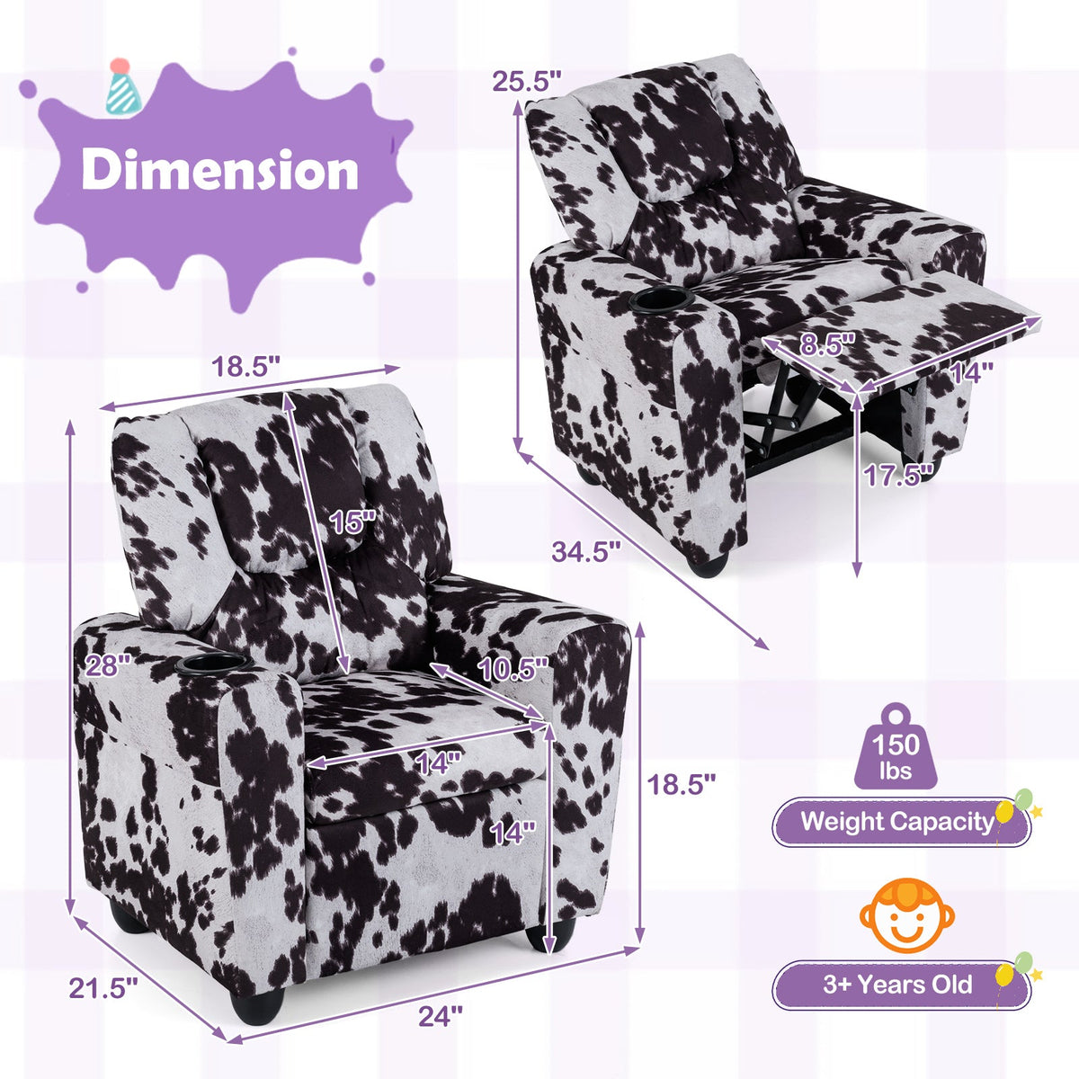 Kids Recliner Chair Push Back Toddler Reclining Armchair with Cup Holder