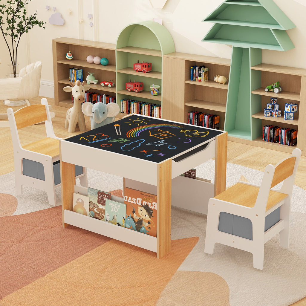 4 in 1 Kids Toddler Activity Table and Chairs Set with Reversible Tabletop-Natural