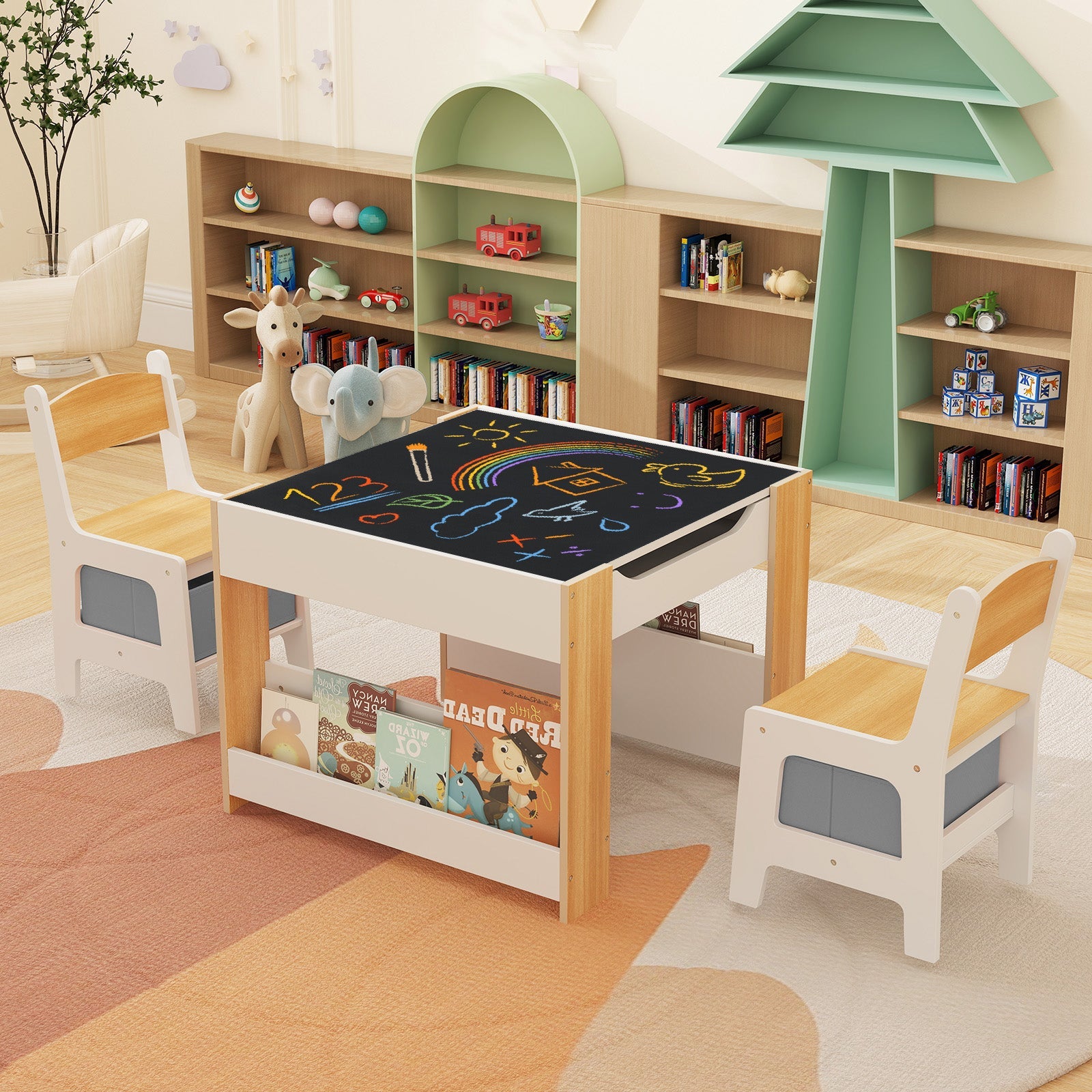 4 in 1 Kids Toddler Activity Table and Chairs Set with Reversible Tabletop-Natural