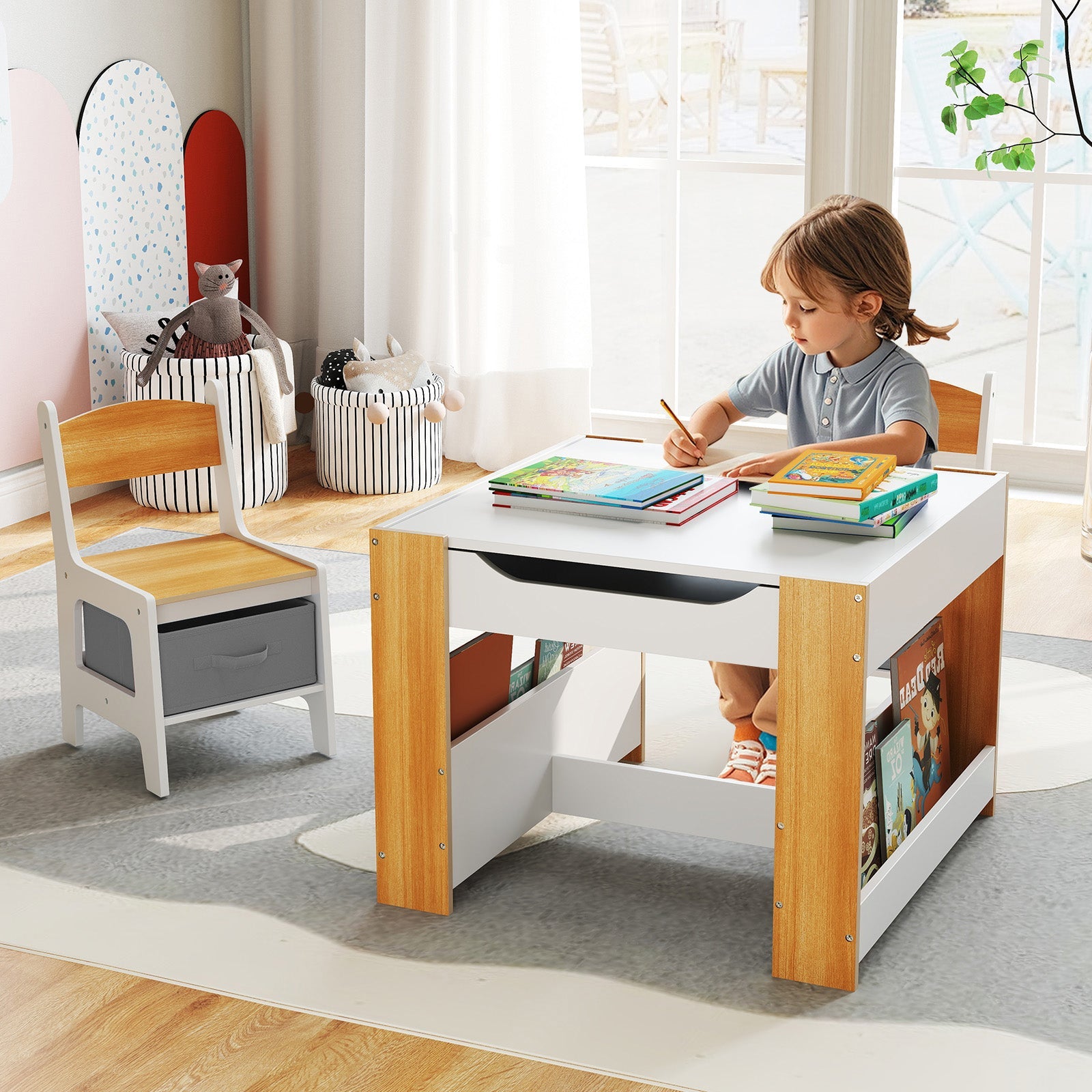 4 in 1 Kids Toddler Activity Table and Chairs Set with Reversible Tabletop-Natural
