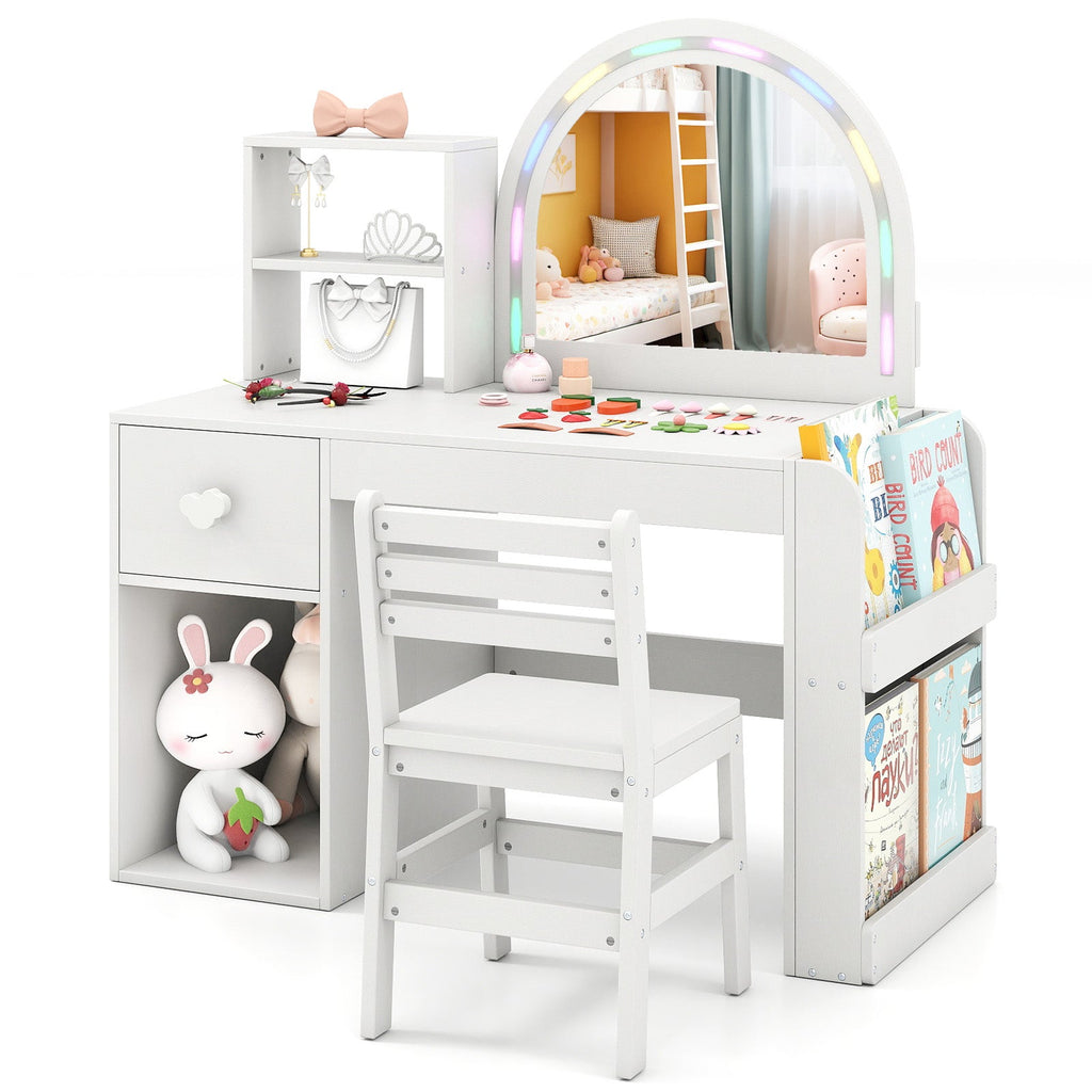 Kids Vanity Table and Chair Set with Lighted Mirror for Kids Aged 3+ Years Old