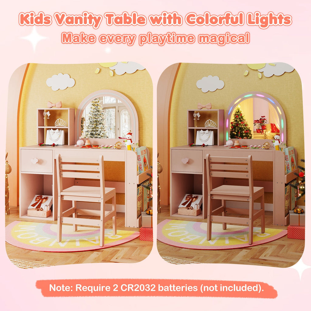 Kids Vanity Table and Chair Set with Lighted Mirror for Kids Aged 3+ Years Old