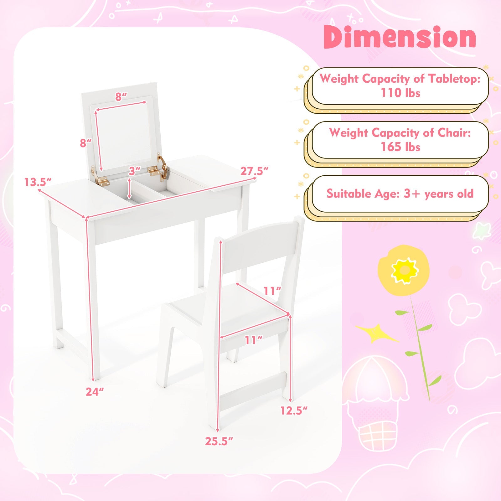 2-in-1 Kids Vanity Makeup Table and Chair Set with Flip Top Mirror-White