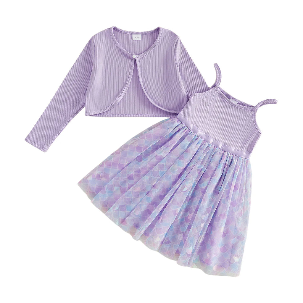 Long Sleeve Cardigan Mermaid Scale Print Dress