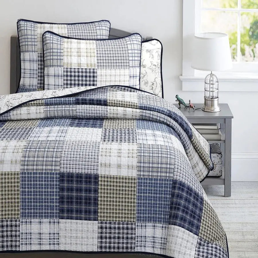 Cute Dinosaur Plaid Reversible Bedspread Set