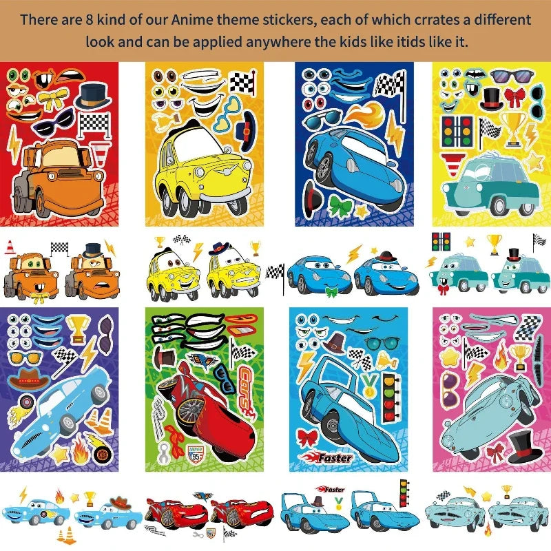16Sheets Cars Lightning Mcqueen  Make Your Own Face DIY Puzzle Stickers Party Favors Kids Toys Birthday Gifts