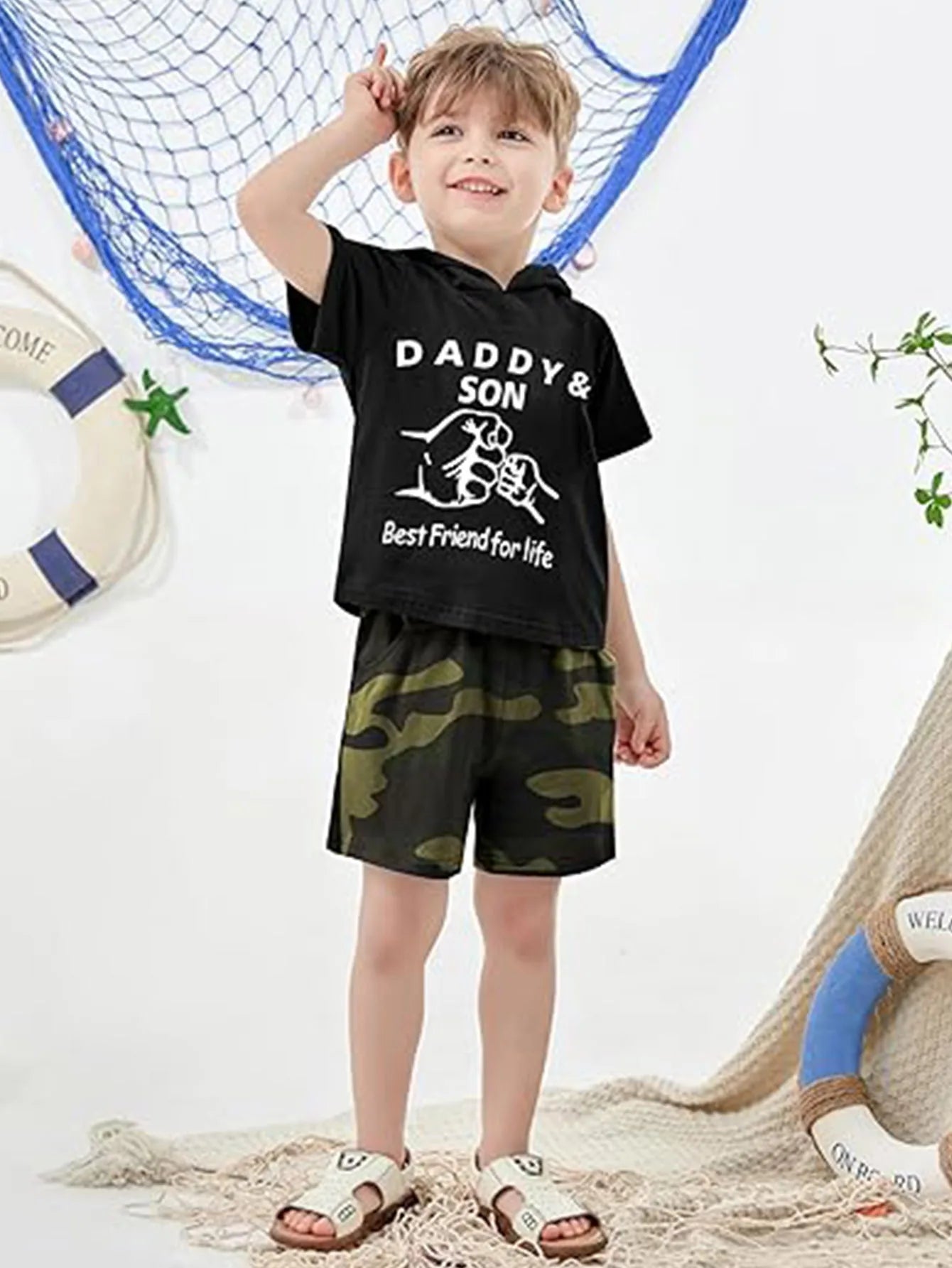 Boys Hooded Short Sleeve Shorts Beach Vacation