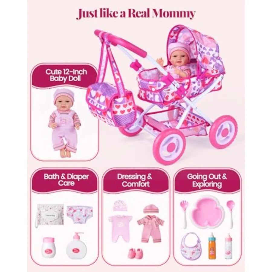 14 Pcs Doll Stroller with Baby Doll