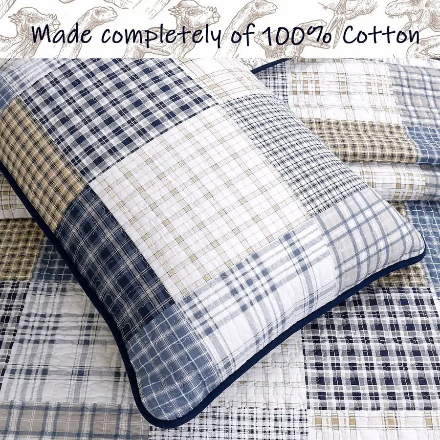 Cute Dinosaur Plaid Reversible Bedspread Set