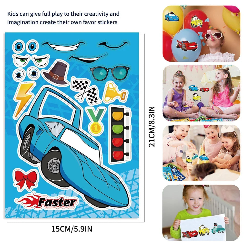 8/16Sheets DIY Race Car Make a Face Puzzle Stickers Boys Toy Create your own Cars Assemble Jigsaw Funny Party Game Children Gift