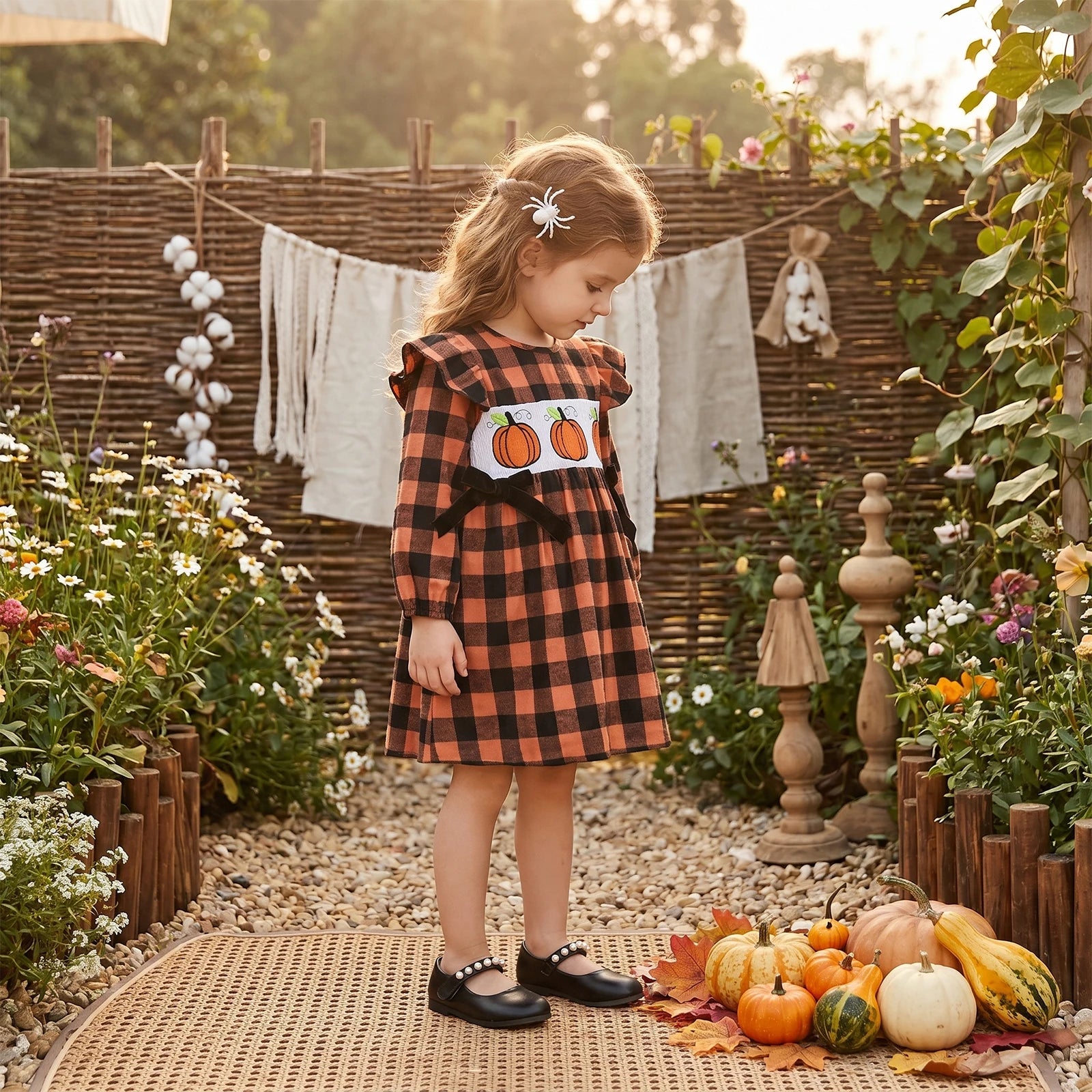 Girls Pumpkin Embroidery Halloween Dress