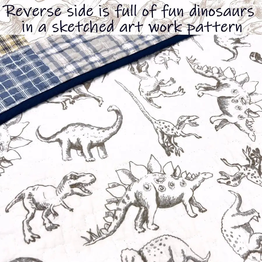Cute Dinosaur Plaid Reversible Bedspread Set