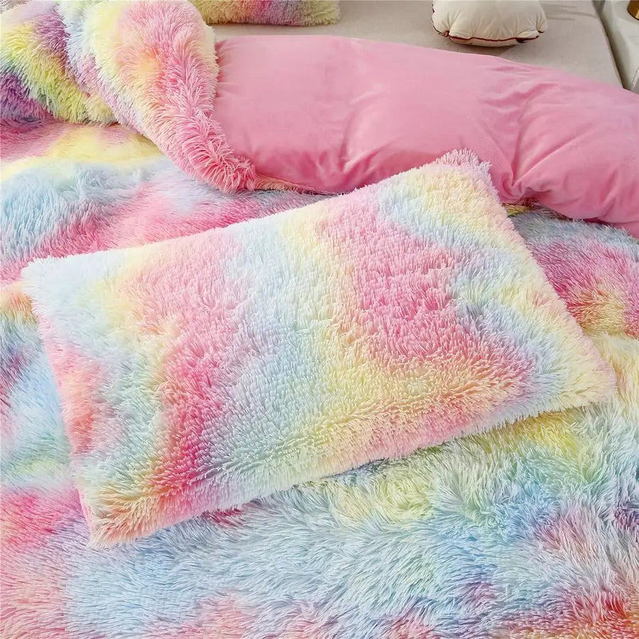 3Pcs Rainbow Girls Bedding Sets Twin Size Ultra Soft Long Hair Plush Shaggy Duvet Cover with Pillowcases Colorful Tie Dye Beddin