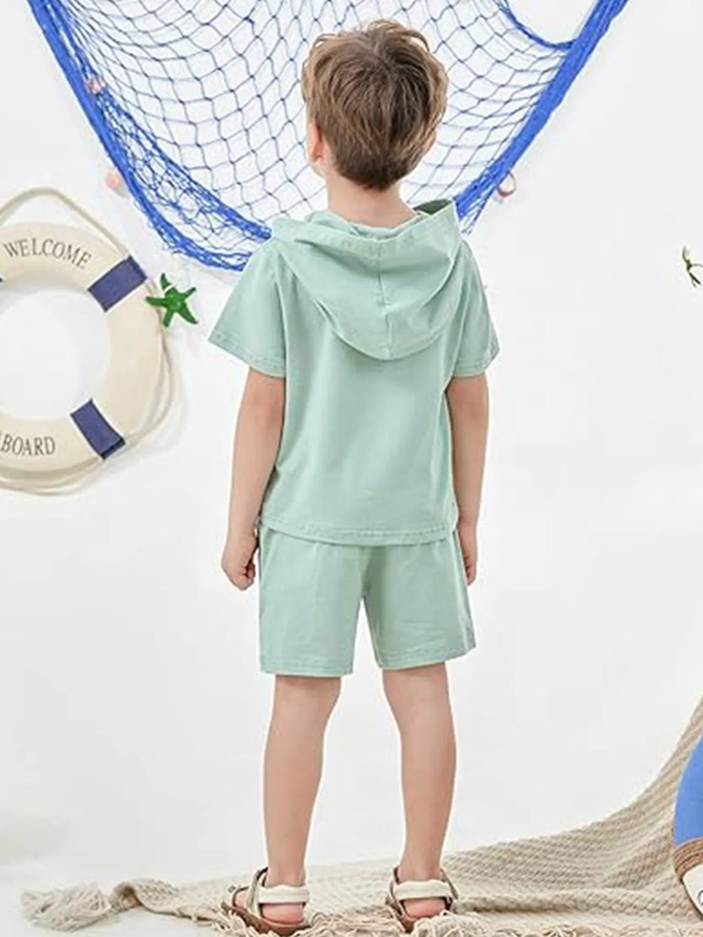 Boys Hooded Short Sleeve Shorts Beach Vacation