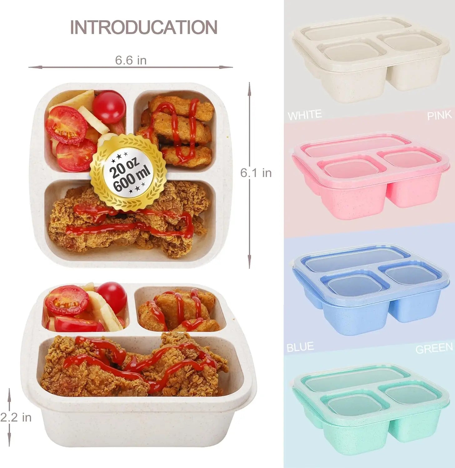 4 Pack -3 Compartments Meal Prep Containers