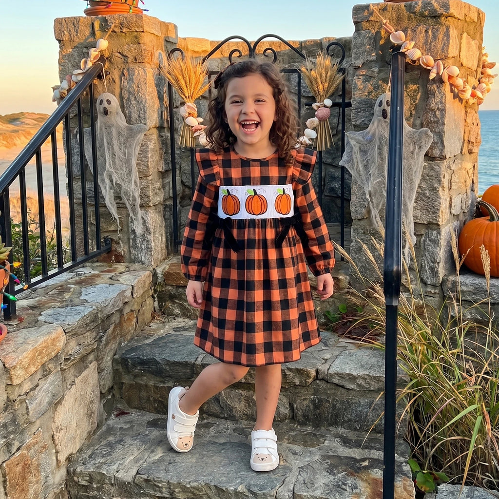 Girls Pumpkin Embroidery Halloween Dress
