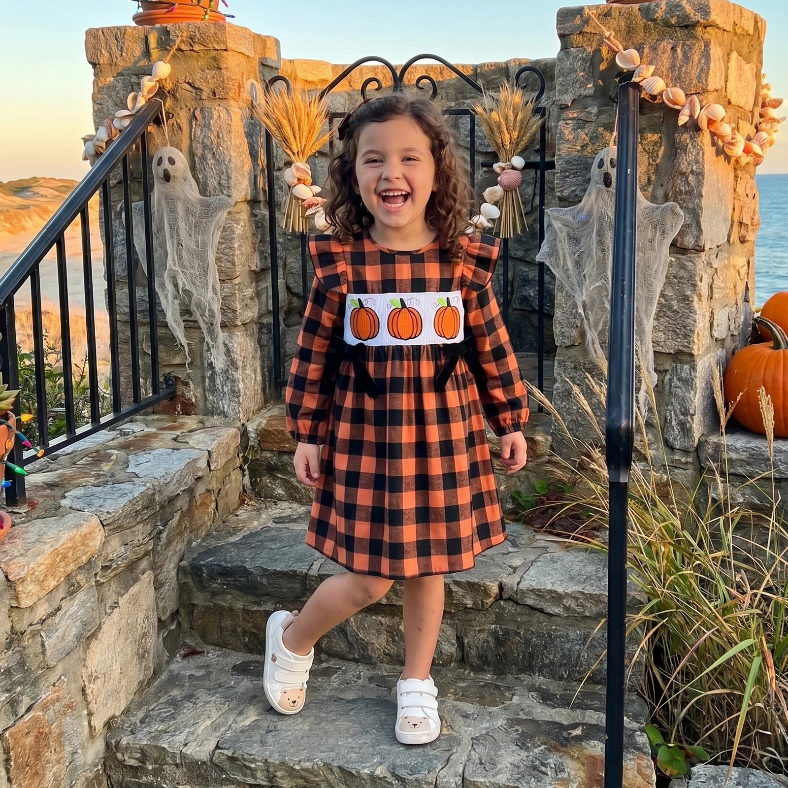 Girls Pumpkin Embroidery Halloween Dress