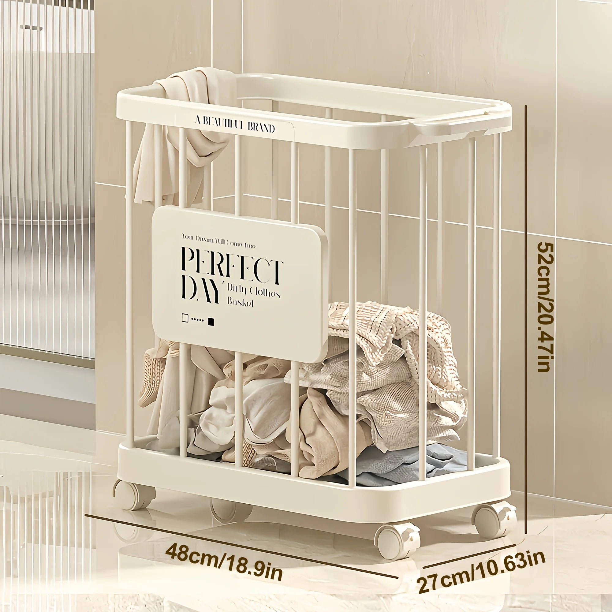 Cream Rolling Laundry Basket with Wheels