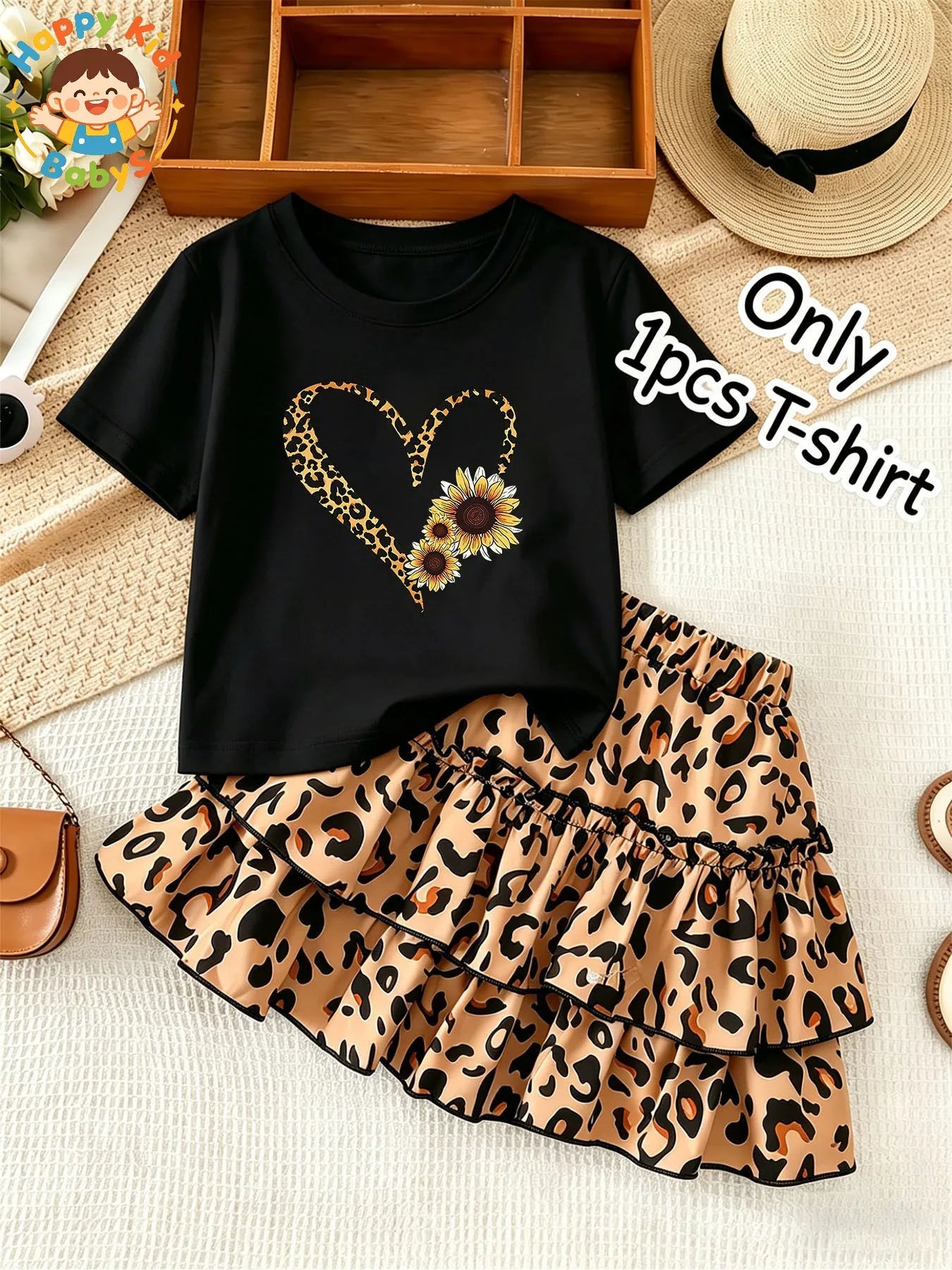 Black Sunflower Leopard Heart T-Shirt