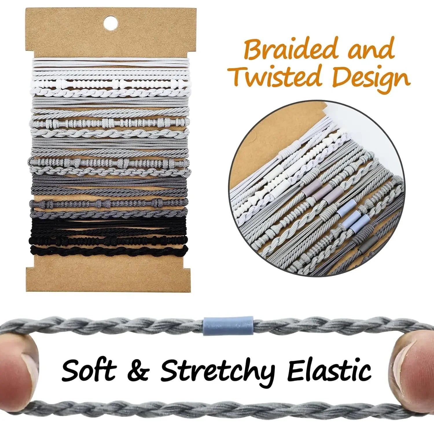 20PCS Elastic No Damage Hair Bands, Braided Bracelet Ponytail Holders, Neutral Colors Boho Accessories