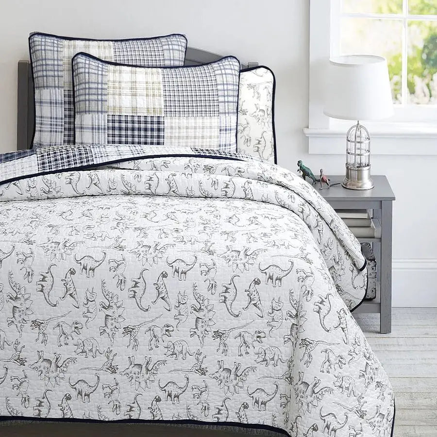 Cute Dinosaur Plaid Reversible Bedspread Set