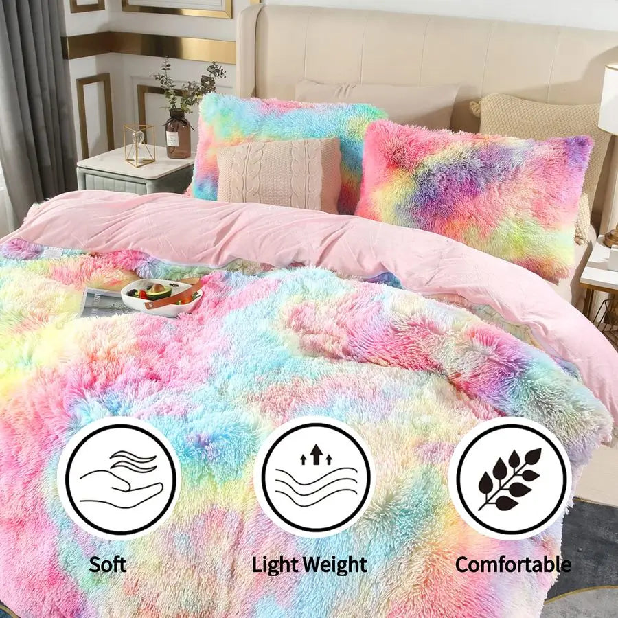 3Pcs Rainbow Girls Bedding Sets Twin Size Ultra Soft Long Hair Plush Shaggy Duvet Cover with Pillowcases Colorful Tie Dye Beddin