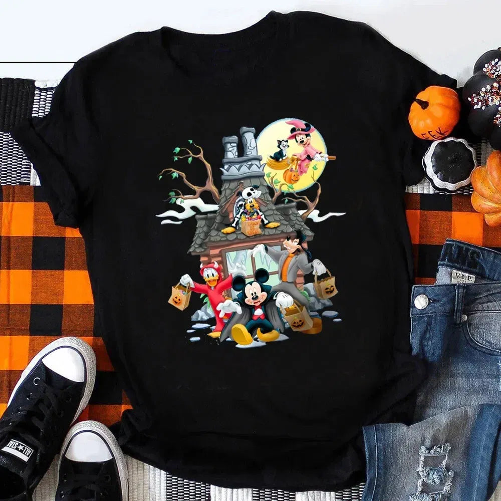 Color: Beige, Kid Size: 4T - Funny Mickey Minnie Mummy Print Disney Children Cotton T Shirts Trick Treat Fashion Halloween Cute Kid Clothes Girls Streetwear