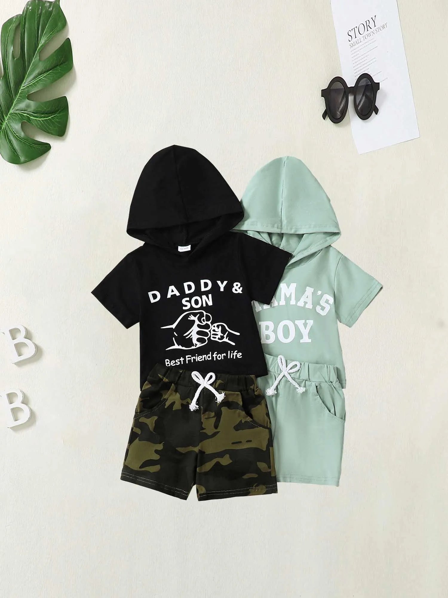 Boys Hooded Short Sleeve Shorts Beach Vacation