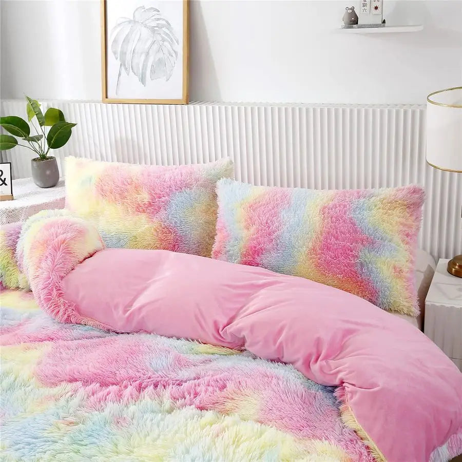3Pcs Rainbow Girls Bedding Sets Twin Size Ultra Soft Long Hair Plush Shaggy Duvet Cover with Pillowcases Colorful Tie Dye Beddin