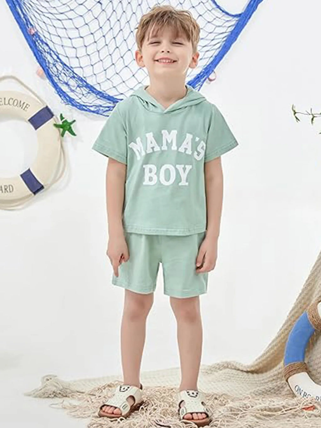 Boys Hooded Short Sleeve Shorts Beach Vacation