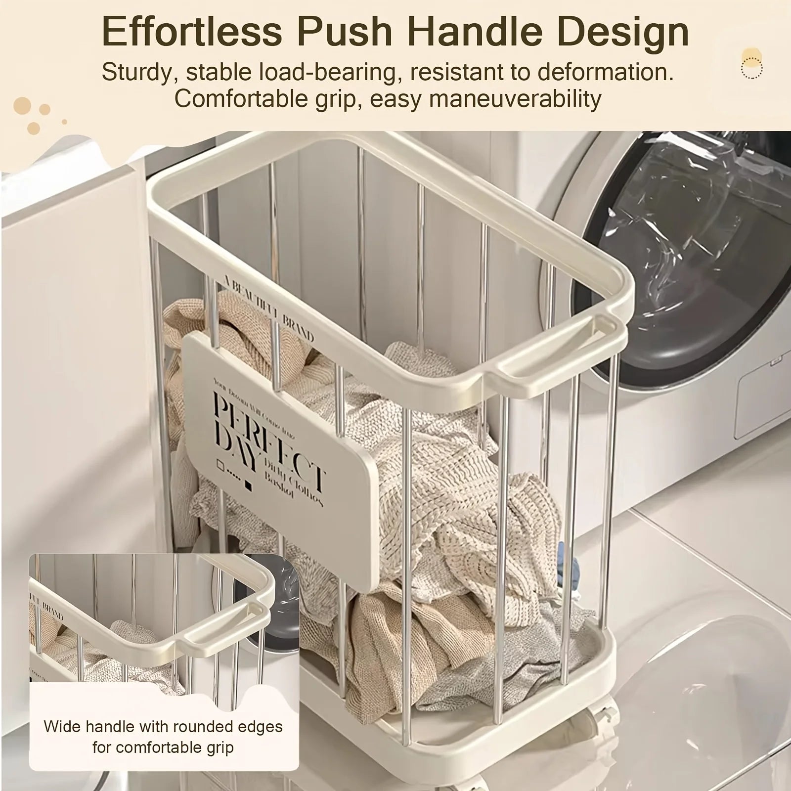 Cream Rolling Laundry Basket with Wheels