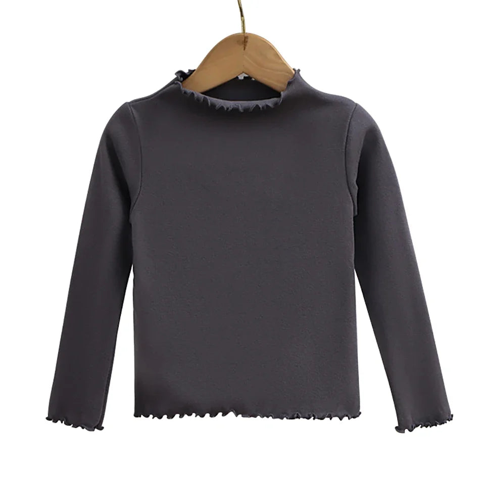 Children Clothing New Girls Base Shirt For Autumn and Winter Children Trendy Black Fungus Edge Solid Color Long Sleeved T-shirt