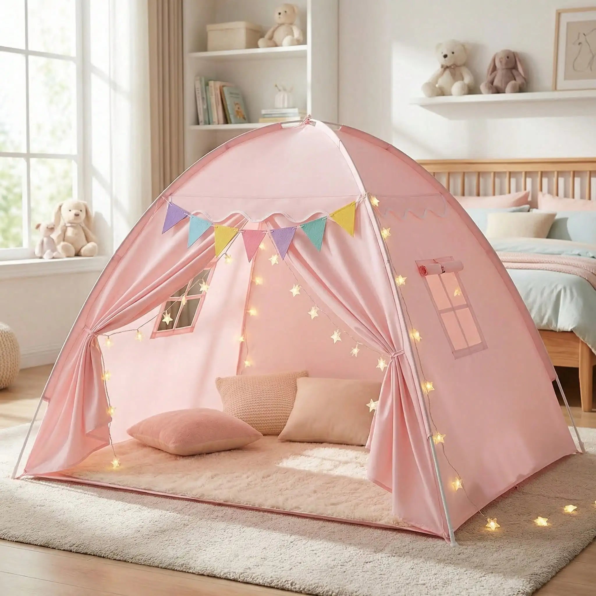 Tent With Triangle Bunting & Star String Lights