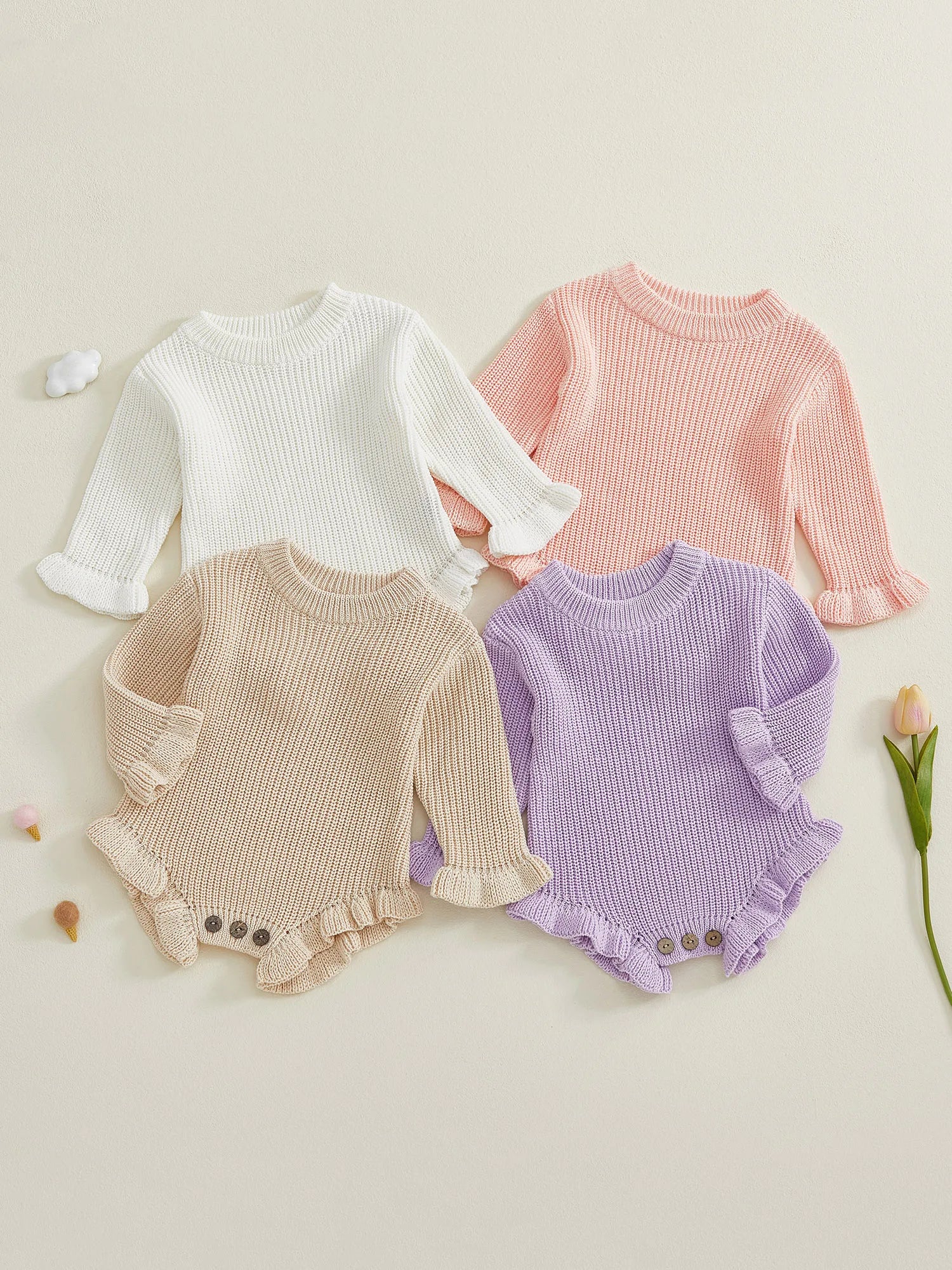 Infant Autumn Knitted Bodysuit with Ruffled Sleeves