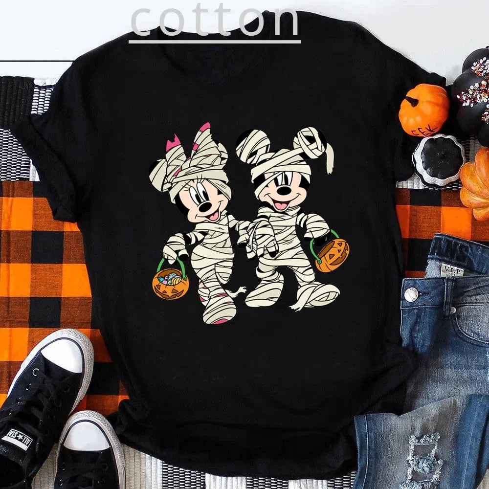 Color: Beige, Kid Size: 4T - Funny Mickey Minnie Mummy Print Disney Children Cotton T Shirts Trick Treat Fashion Halloween Cute Kid Clothes Girls Streetwear