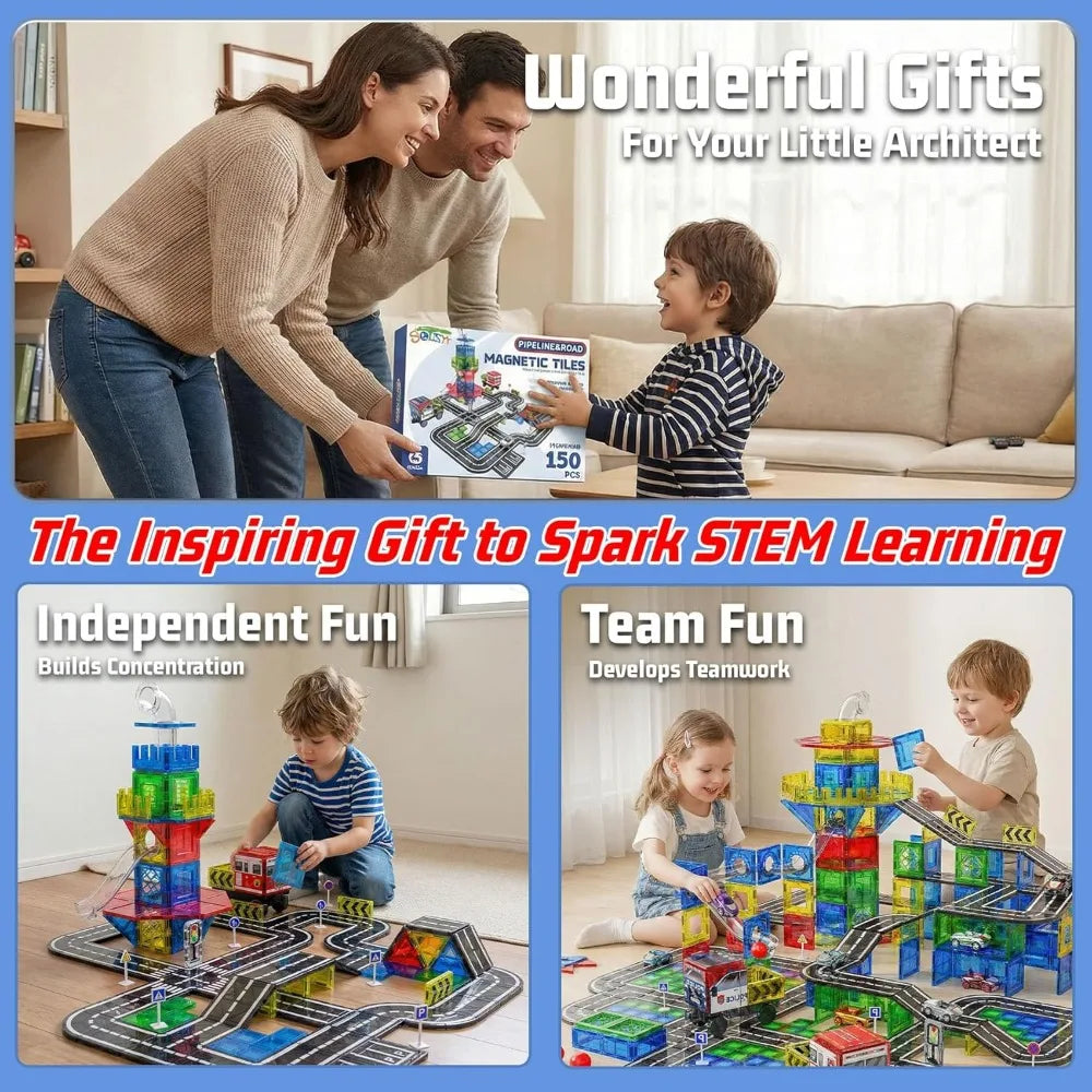 150PCS Magnetic Tiles Road with Marble Run